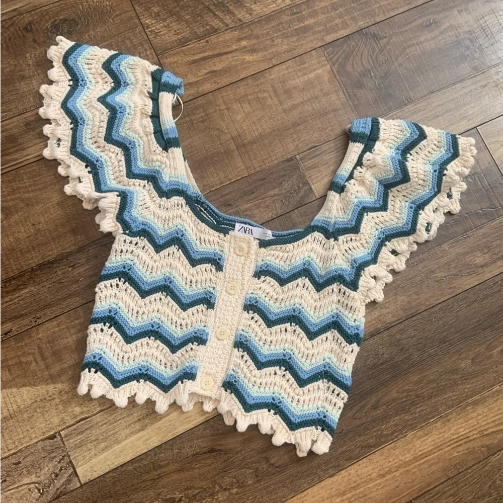 Zara Crochet Top S $78 boho blue cream printed fall boho casual  cowgirl crop